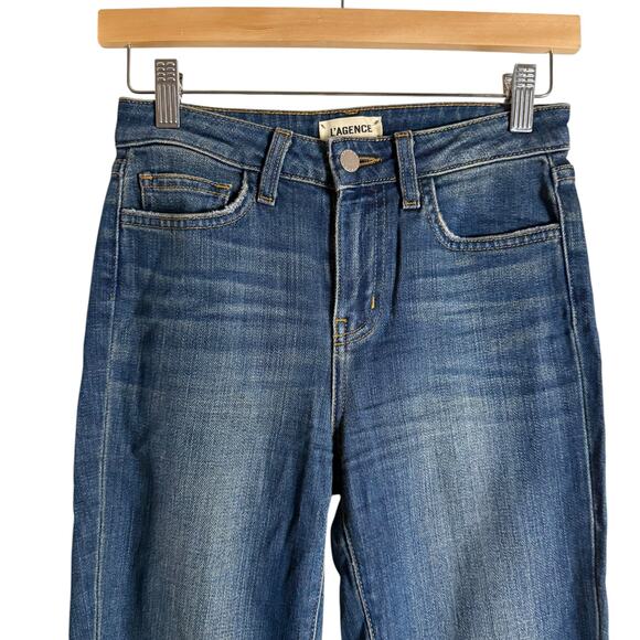 L’Agence Sada Slim Leg Cropped High Rise Raw Hem Denim Blue Jeans Size 24 - Picture 5 of 11